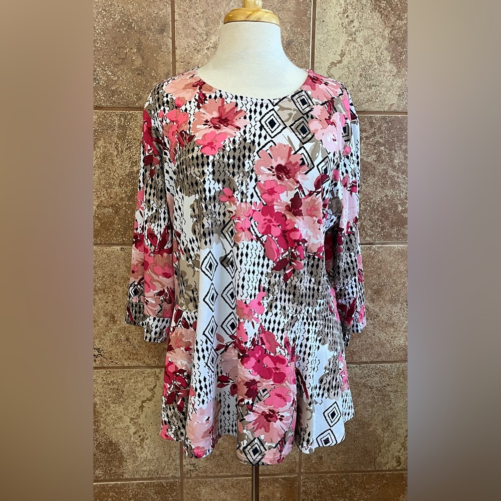 N Touch Knit Floral Print 3/4 Sleeves Tunic Size XL
